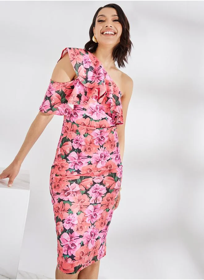 ستايلي Ruffled One Shoulder Floral Bodycon Dress