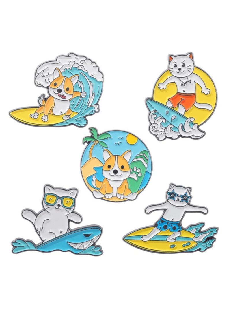 Excefore Surfing Cat and Puppy Enamel Pins,5 Pieces Cartoon Animal Brooch Pin Cute Enamel Lapel Pin Badges Brooch Pins Set for Clothing Jackets Backpacks Accessory DIY Craft - Image 1