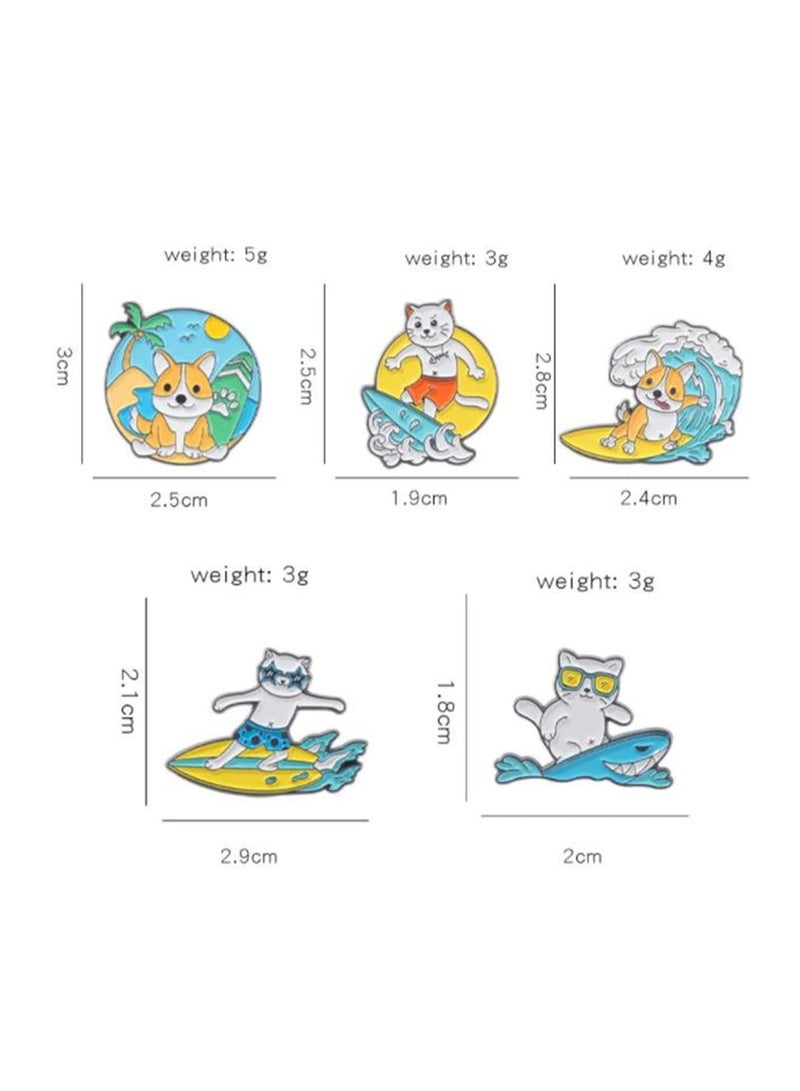 Excefore Surfing Cat and Puppy Enamel Pins,5 Pieces Cartoon Animal Brooch Pin Cute Enamel Lapel Pin Badges Brooch Pins Set for Clothing Jackets Backpacks Accessory DIY Craft - Image 2