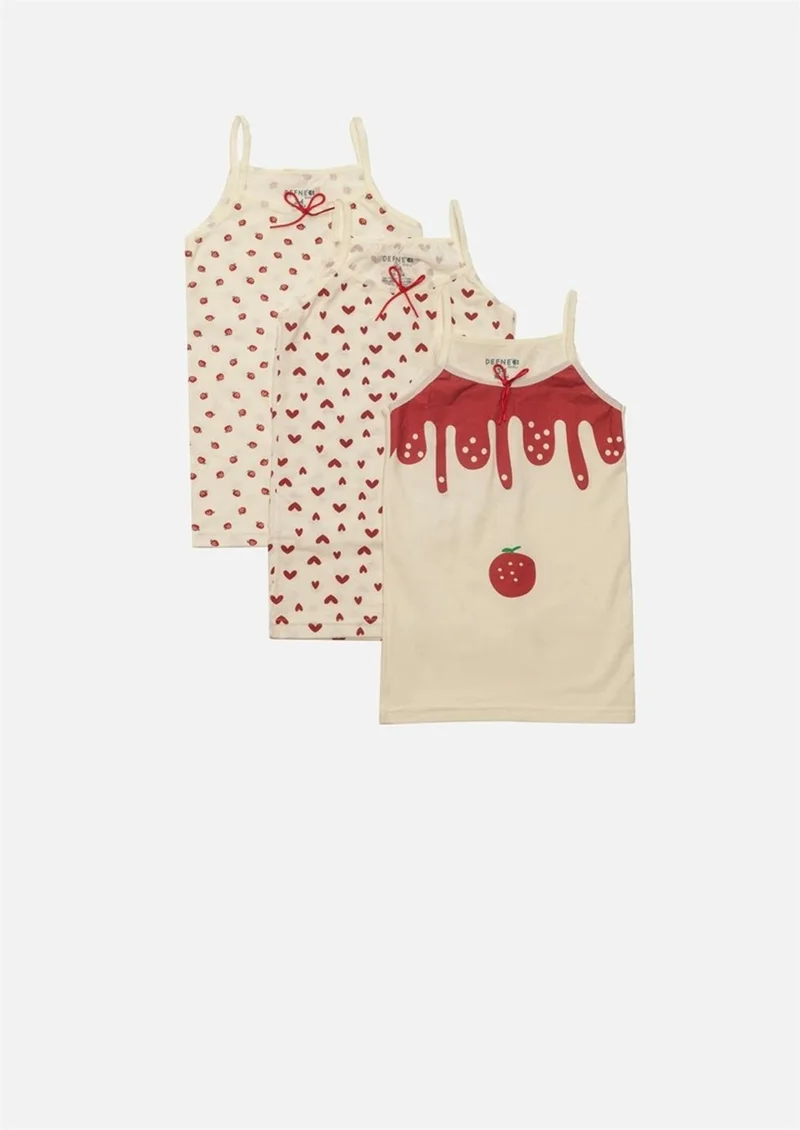 Defne Heart and Strawberry Pattern Printed Lycra Combed Cotton Rope Suspender Girl 3-Piece Undershirt Set