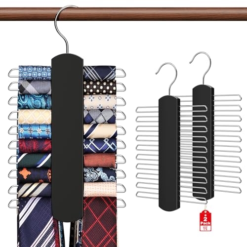 2 Pack Tie Rack for Closet Premium Wooden Necktie Organizer Storage TieBelt Hanger 360 Degree Swivel Space Saving Ties Holder for Men Hanging 40 Ties Black