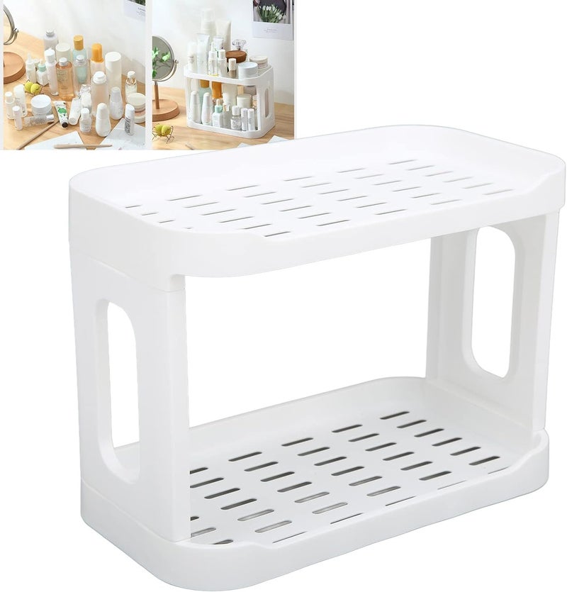 Styxon Plastic 2 Layer Stationery Cosmetic Storage Holder, Fence Design For Foldable Rack Desktop Storage Rack For Office, Home, Kitchen, Bathroom | White - Image 1