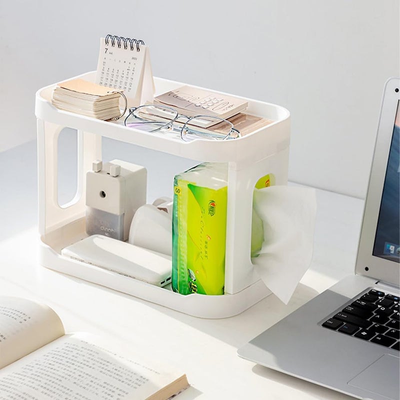 Styxon Plastic 2 Layer Stationery Cosmetic Storage Holder, Fence Design For Foldable Rack Desktop Storage Rack For Office, Home, Kitchen, Bathroom | White - Image 2