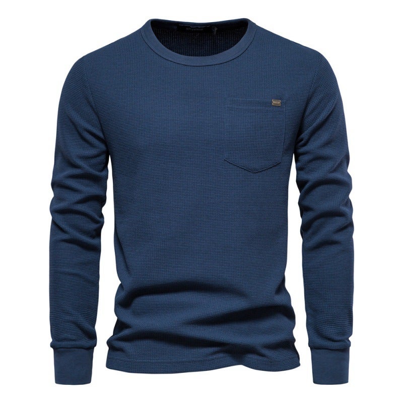 2024 autumn code cross-border high quality men''s round neck pocket waffle long T coat foreign trade men''s T-shirt - Image 2
