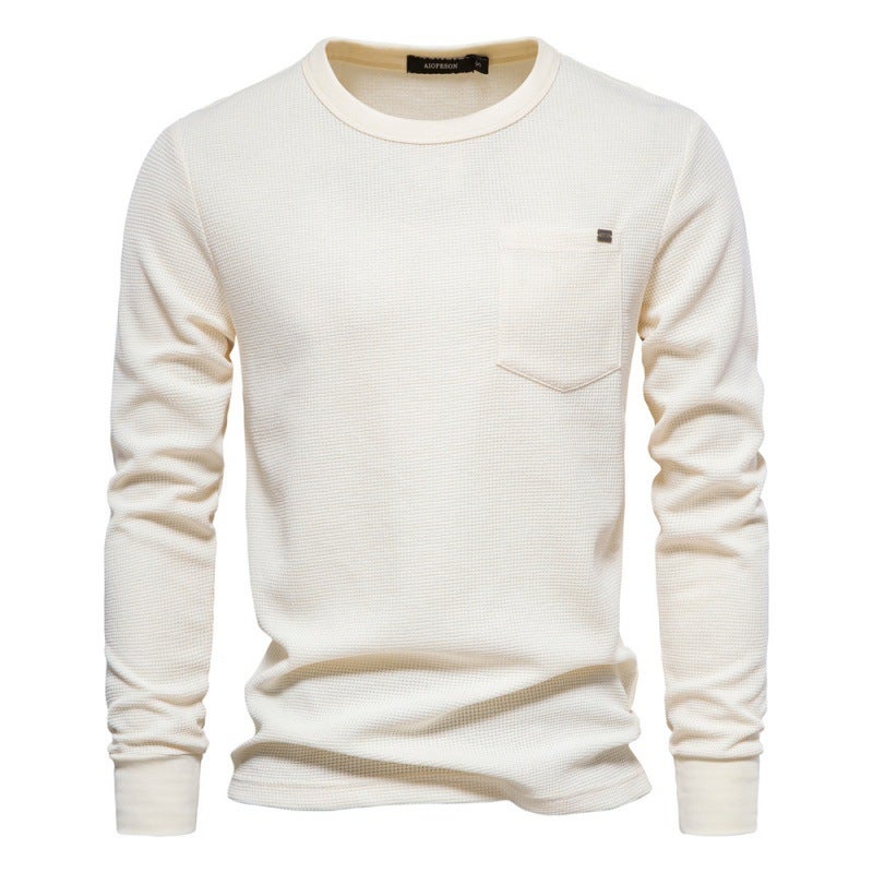 2024 autumn code cross-border high quality men''s round neck pocket waffle long T coat foreign trade men''s T-shirt - Image 3