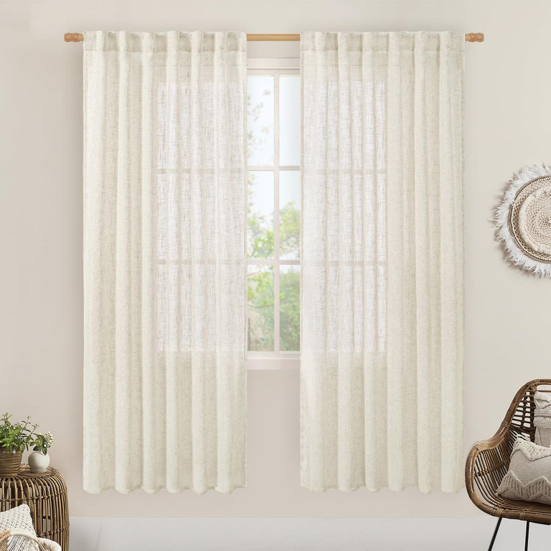 LAMIT Natural Linen Semi Sheer Curtains 78 Inch for Bedroom, Light Filtering Neutral Window Curtains Farmhouse Boho Back Tab and Rod Pocket Panels, Natural Cream Ivory, 2 Panels, 52 x 78 Inch - Image 1