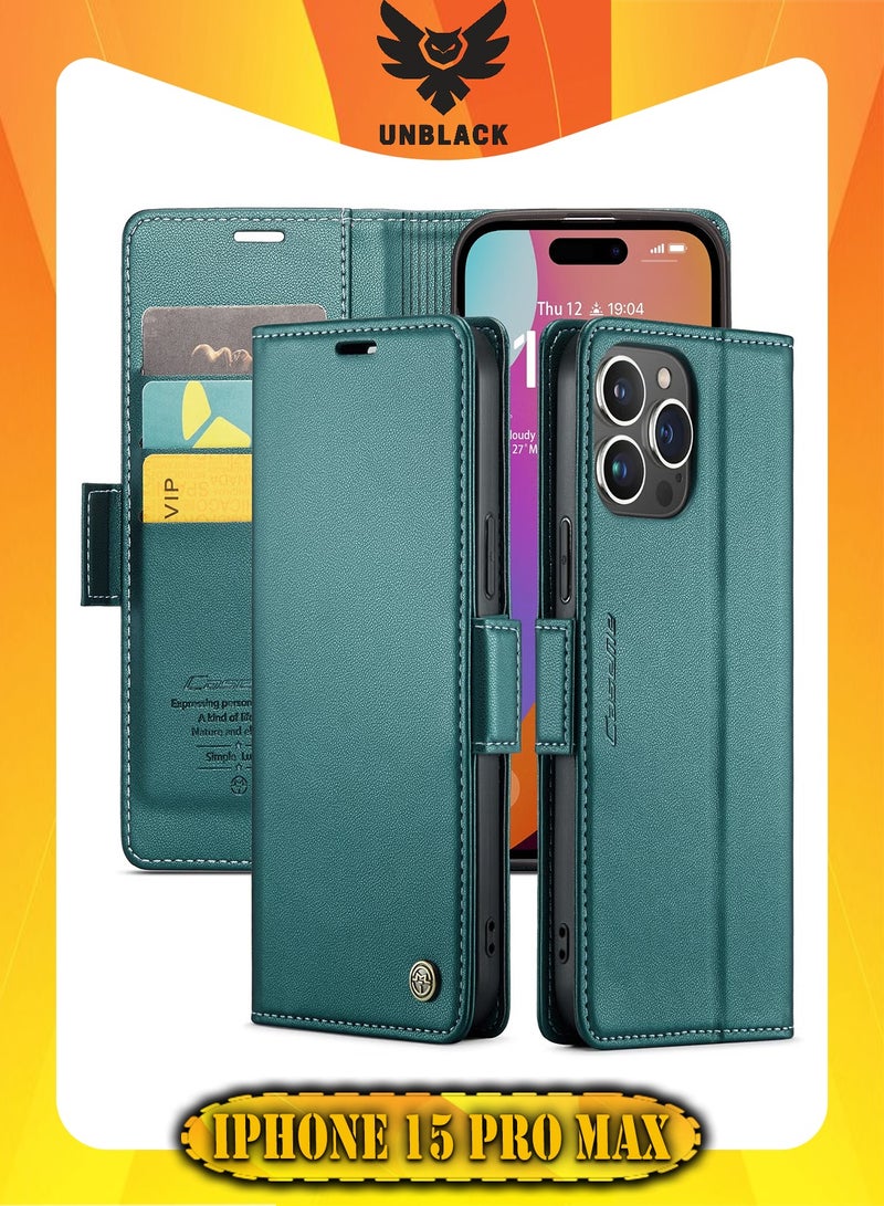 CaseMe Flip Wallet Case For Apple iPhone 15 Pro Max, [RFID Blocking] PU Leather Wallet Flip Folio Case with Card Holder Kickstand Shockproof Phone Cover (Green) - Image 1