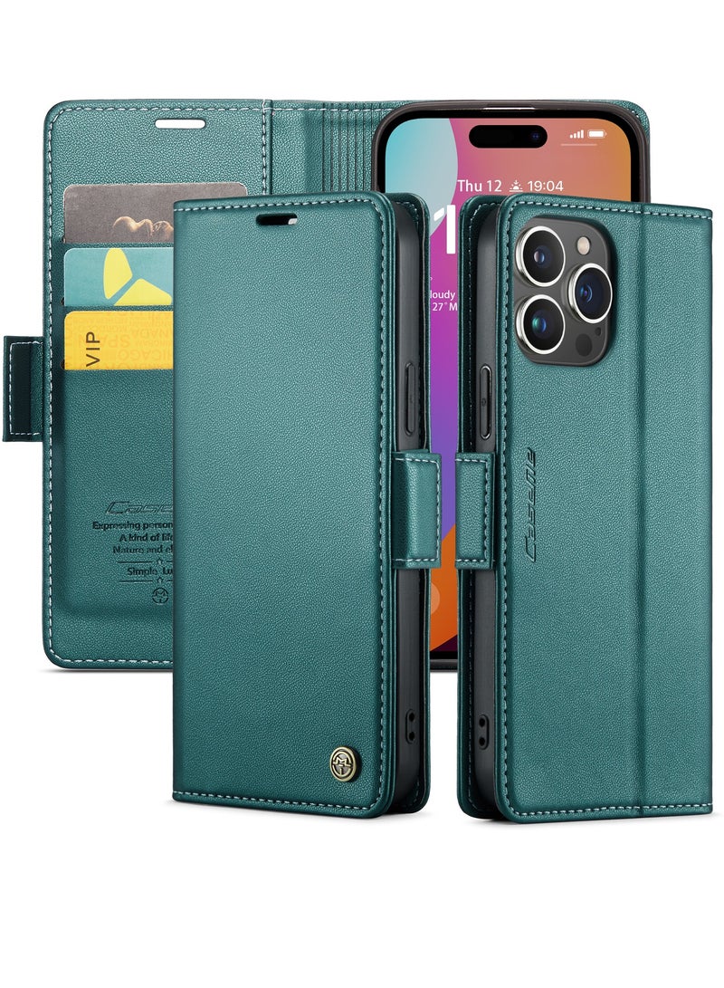 CaseMe Flip Wallet Case For Apple iPhone 15 Pro Max, [RFID Blocking] PU Leather Wallet Flip Folio Case with Card Holder Kickstand Shockproof Phone Cover (Green) - Image 2