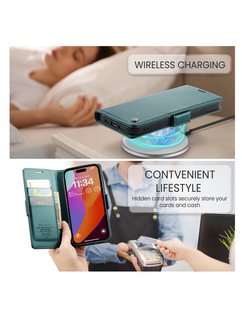 CaseMe Flip Wallet Case For Apple iPhone 15 Pro Max, [RFID Blocking] PU Leather Wallet Flip Folio Case with Card Holder Kickstand Shockproof Phone Cover (Green) - Image 5