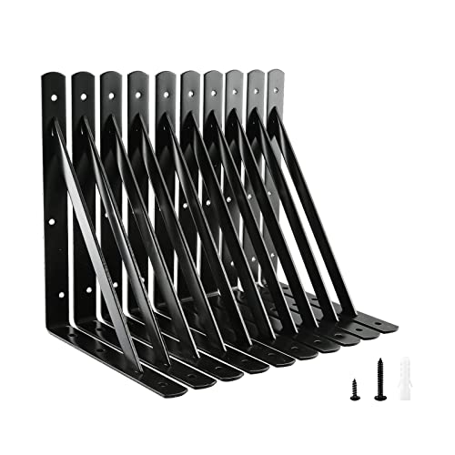 HOME MASTER HARDWARE 12 inch x 8 inch Heavy Duty Shelf Brackets, Load Capacity: 600lb, Black Metal 90 Degree Supports for Shelves 10-Pack, Wall Mounted L Bracket for Floating Shelving with Screws - Image 1