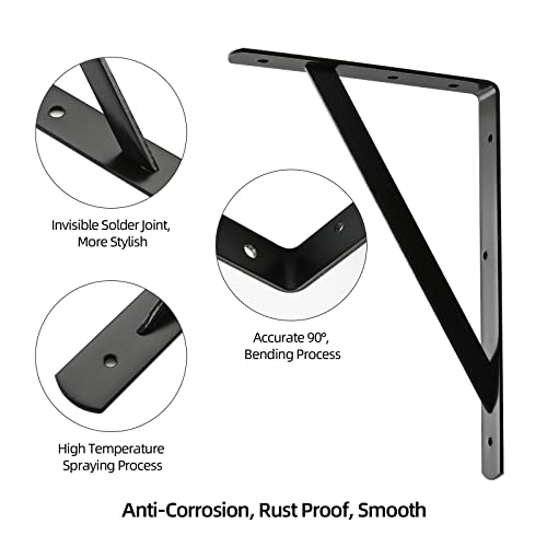 HOME MASTER HARDWARE 12 inch x 8 inch Heavy Duty Shelf Brackets, Load Capacity: 600lb, Black Metal 90 Degree Supports for Shelves 10-Pack, Wall Mounted L Bracket for Floating Shelving with Screws - Image 2