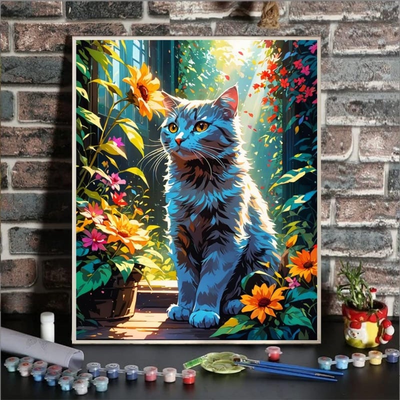ldazao Cat Paint By Numbers Kit For Adults Canvas Cats Sunflower Adult Paint By Number Kits For Beginner DIY Easy Cat Garden Flower Oil Painting Adults' Paint-By-Number Kits Home Room Decor Gift 16x20 Inch - Image 2