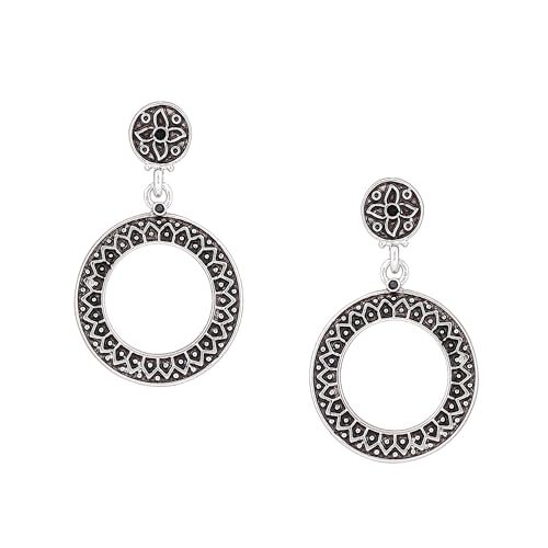 Estele Oxidized Silver Plated Round Drop Stud Brass Metal Earrings For Girls and Women - Image 1