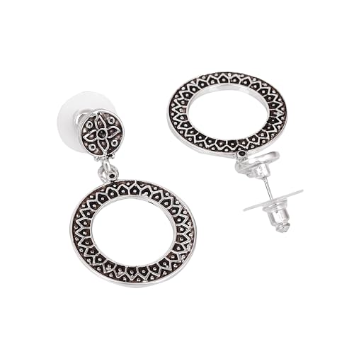 Estele Oxidized Silver Plated Round Drop Stud Brass Metal Earrings For Girls and Women - Image 2