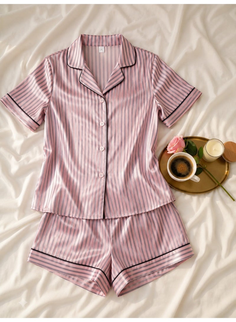 LADY Women's Purple Striped Satin Pajama Set – Button-Up Shirt & Shorts Sleepwear - Image 1