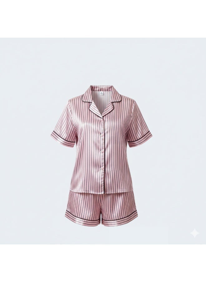 LADY Women's Purple Striped Satin Pajama Set – Button-Up Shirt & Shorts Sleepwear - Image 4