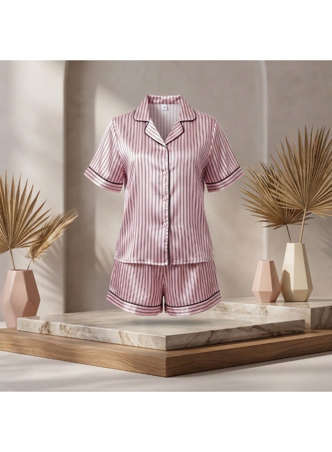 LADY Women's Purple Striped Satin Pajama Set – Button-Up Shirt & Shorts Sleepwear - Image 3