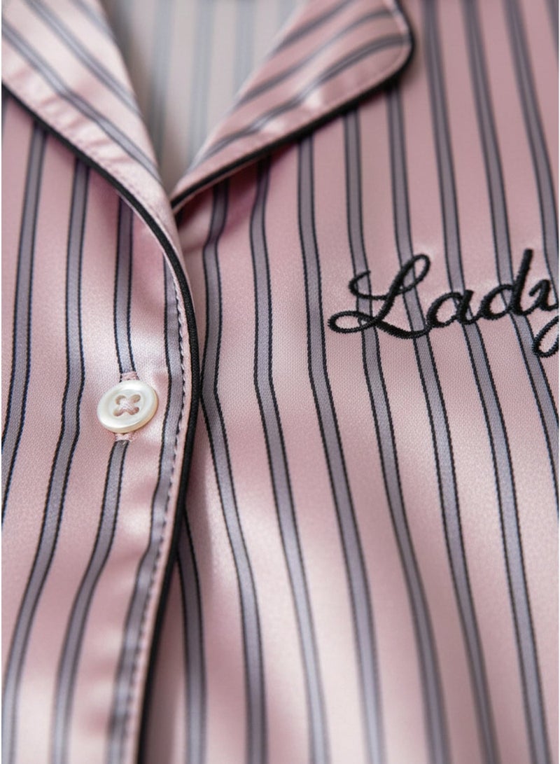 LADY Women's Purple Striped Satin Pajama Set – Button-Up Shirt & Shorts Sleepwear - Image 2