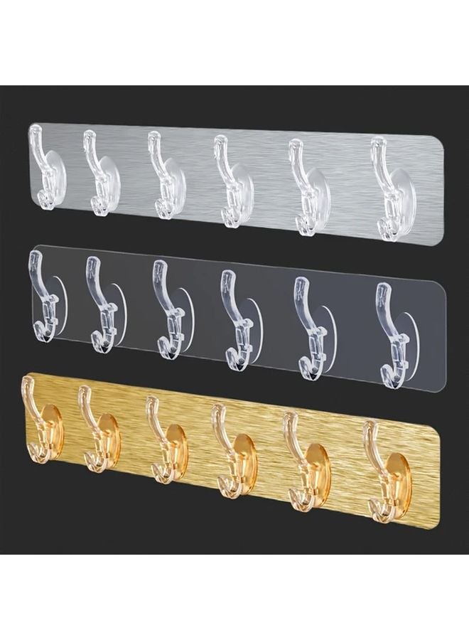 2 Pcs Silvery 6 Hooks Adhesive Towel Rack No Drill Waterproof Strong Bathroom Storage - Image 2