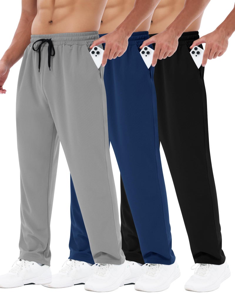 BOOJO 3 Pack Mens Sweatpants with Pockets - Mesh Open Bottom Athletic Joggers for Men Loose Fit Gym Workout Running Casual Pants - Image 1