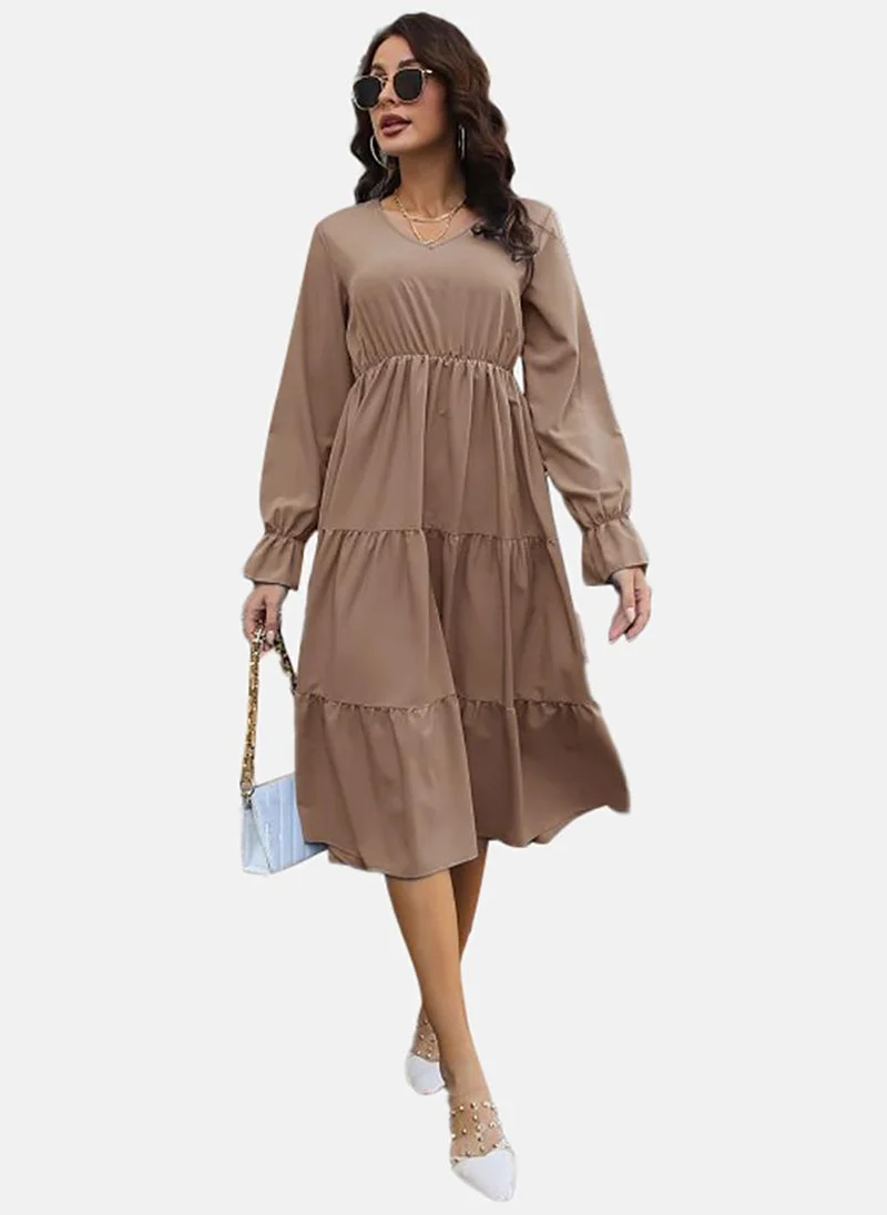 YUNIQEE Brown V-Neck Chiffon A-Line Dress