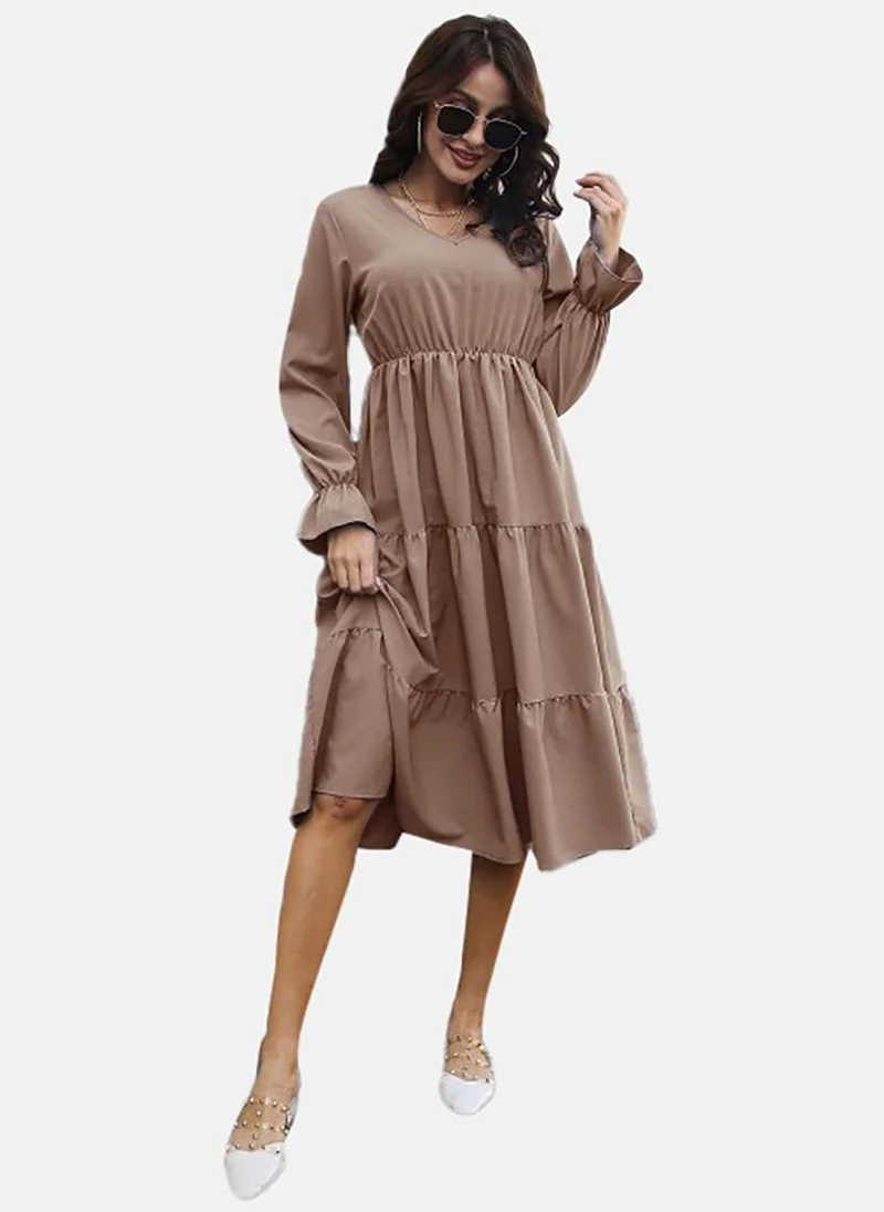 يونيكي Brown V-Neck Chiffon A-Line Dress