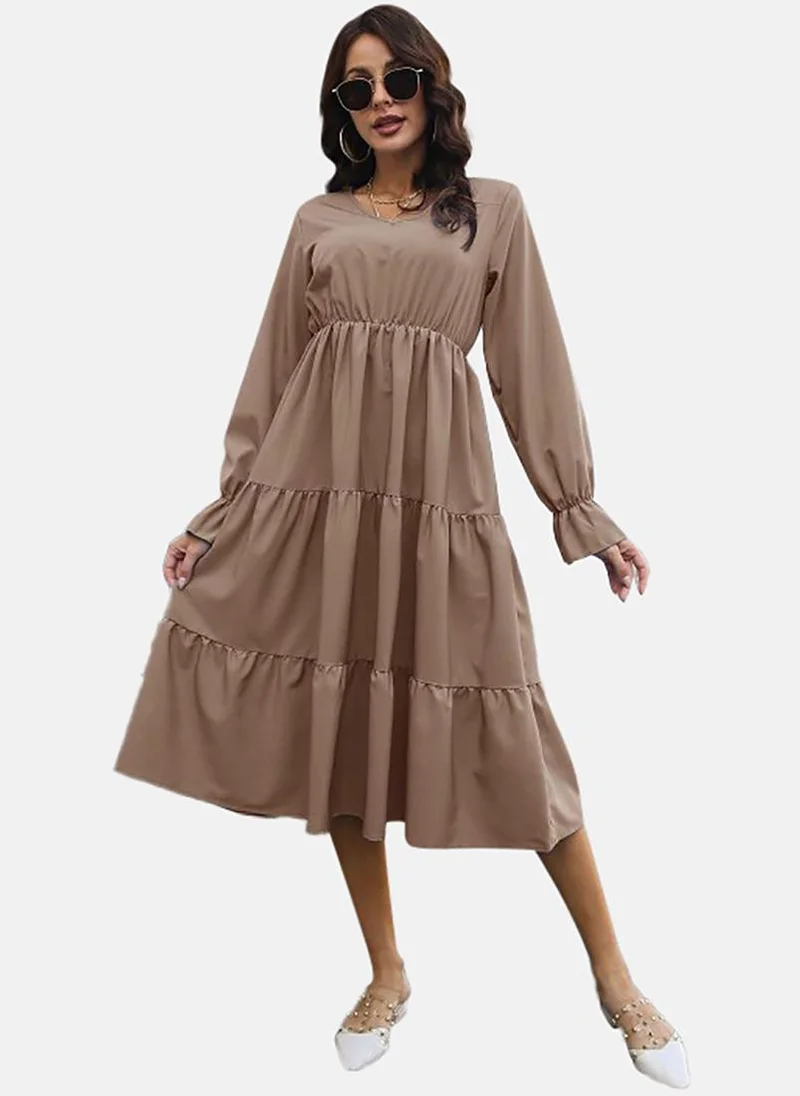YUNIQEE Brown V-Neck Chiffon A-Line Dress