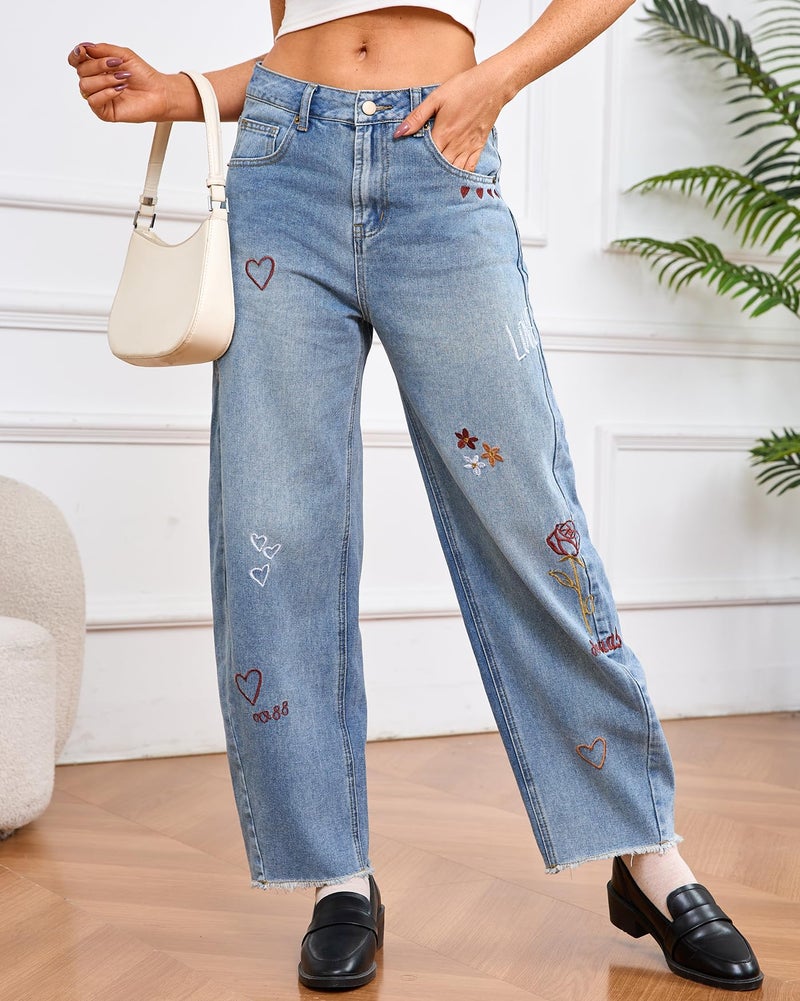 YEXPINE Women Valentines Day Pattern Embroidered Barrel Jeans Wide Leg Mid Rise Baggy Boyfriend Y2K Denim Pants with Pockets Light Blue - Image 3