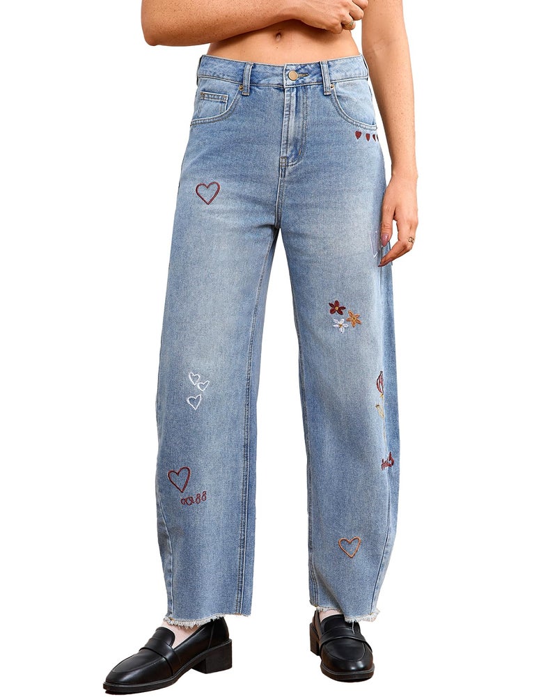 YEXPINE Women Valentines Day Pattern Embroidered Barrel Jeans Wide Leg Mid Rise Baggy Boyfriend Y2K Denim Pants with Pockets Light Blue - Image 1