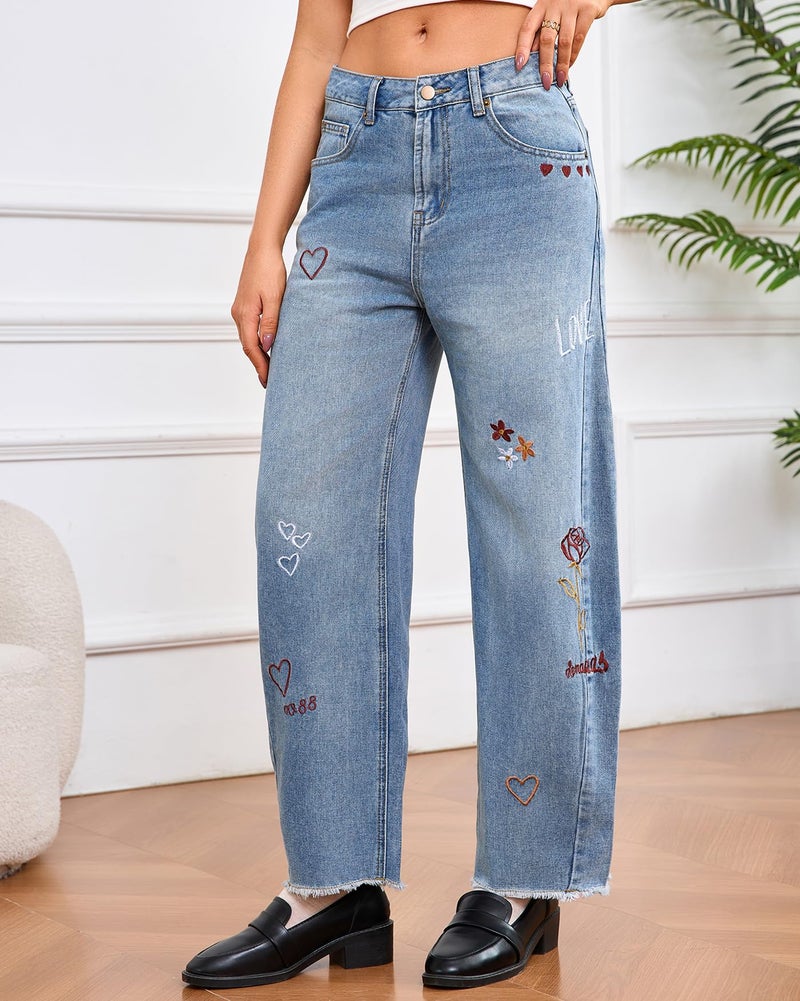 YEXPINE Women Valentines Day Pattern Embroidered Barrel Jeans Wide Leg Mid Rise Baggy Boyfriend Y2K Denim Pants with Pockets Light Blue - Image 4
