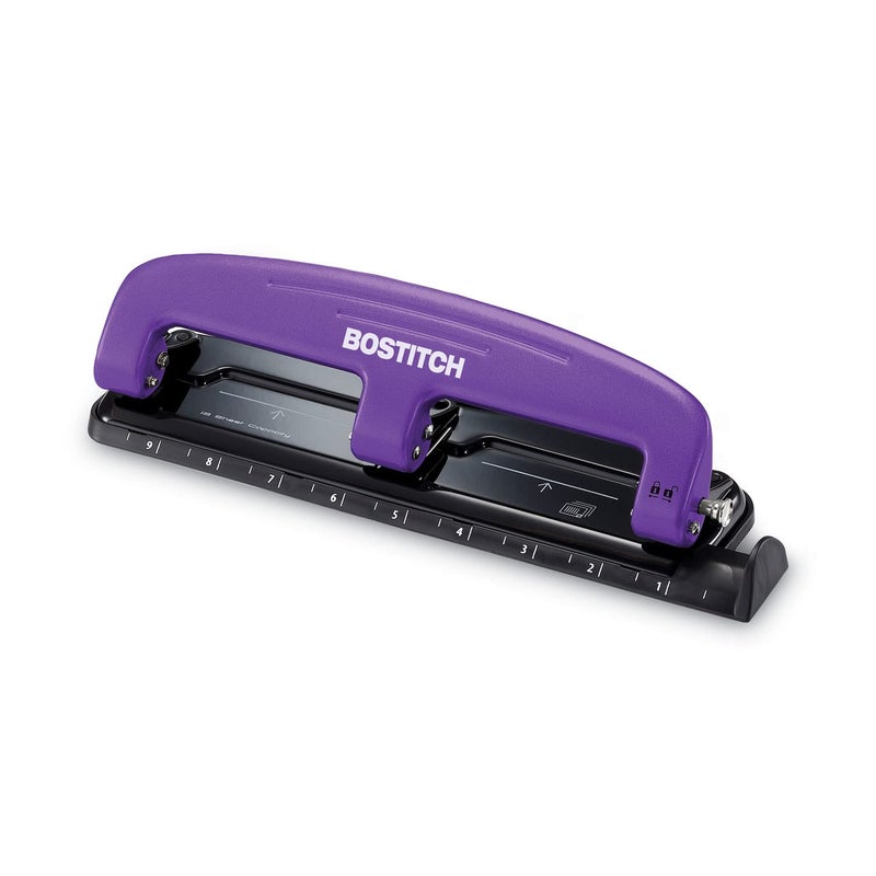 PaperPro Bostitch Office EZ Squeeze Reduced Effort 3-Hole Punch, 12 Sheets, Purple - Image 1