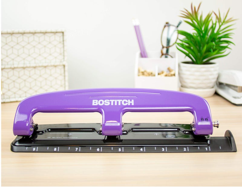 PaperPro Bostitch Office EZ Squeeze Reduced Effort 3-Hole Punch, 12 Sheets, Purple - Image 2