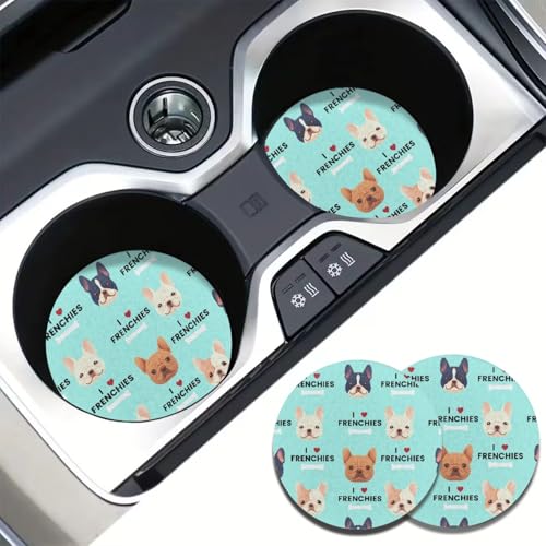 AFPANQZ 2 Pack Car Coasters for Drinks Absorbent, French Bulldogs Car Cup Holder Coaster for Your Car Removable Auto Accessories, Keep Car Clean for Women Girls Teal Blue - Image 1
