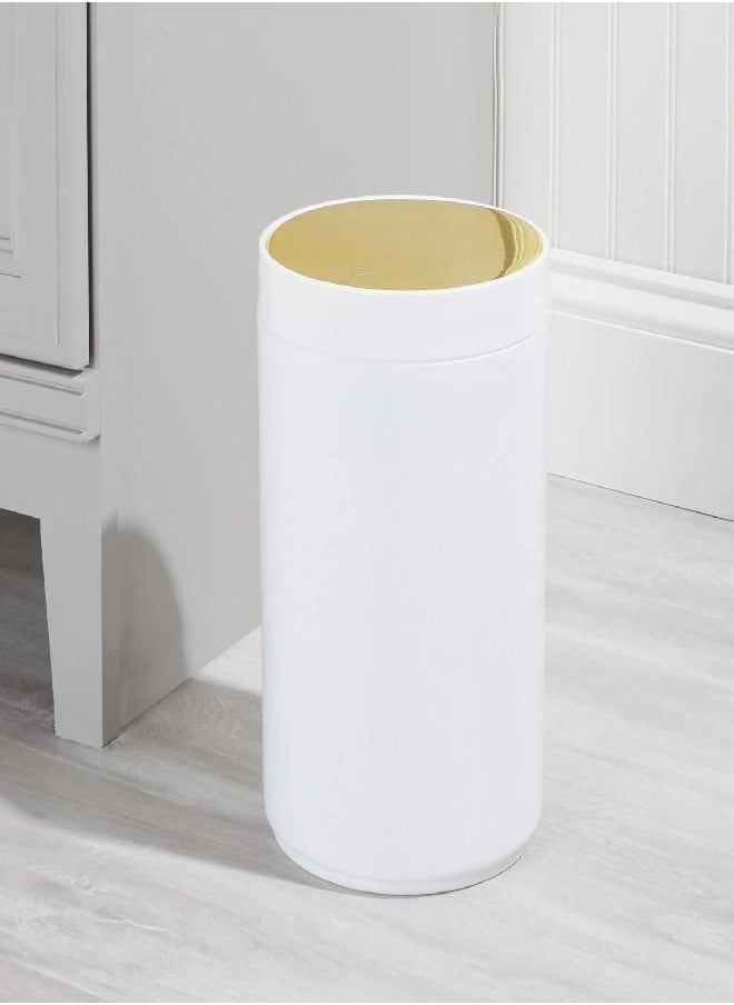 mDesign Small Round Plastic Trash Can Wastebasket, Garbage Container Bin with Swing Top Lid - for Bathrooms, Kitchens, Home Offices - 1.3 Gallon/5 Liter - White/Gold - pzsku/Z8B4108A6FA7D136AEE98Z/45/_/1692791433/e9cf5a0c-d5e9-43a7-a4f4-82c63db60786