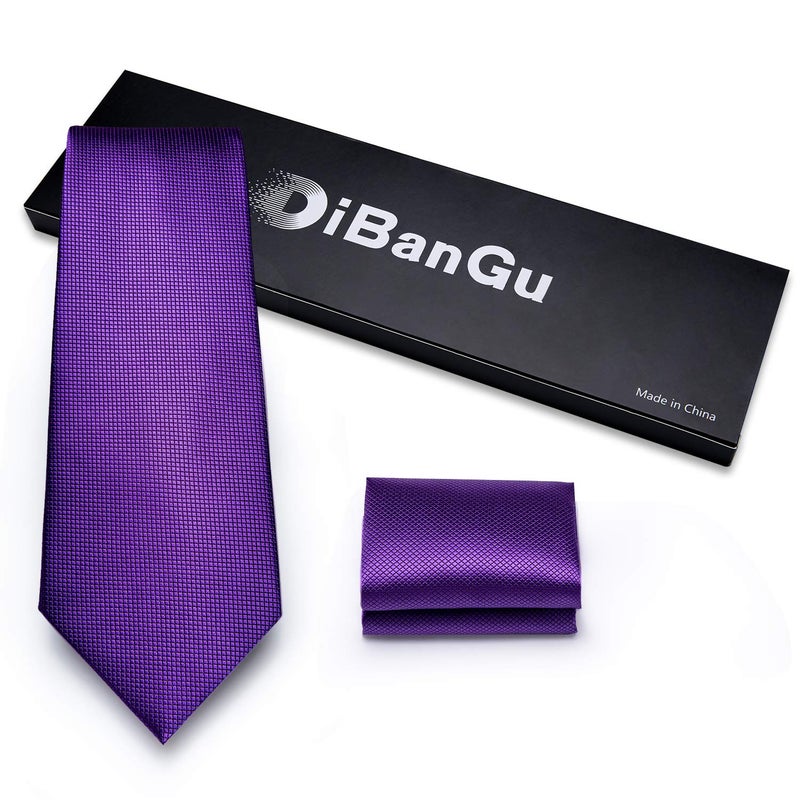 DiBanGu Mens Solid Color Tie and Pocket Square Set Woven Silk Plain Necktie & Handkerchief for Men Wedding Party Formal, Royal Purple - Image 3