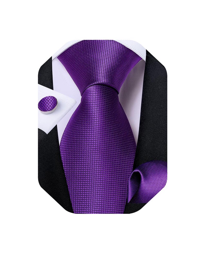 DiBanGu Mens Solid Color Tie and Pocket Square Set Woven Silk Plain Necktie & Handkerchief for Men Wedding Party Formal, Royal Purple - Image 1