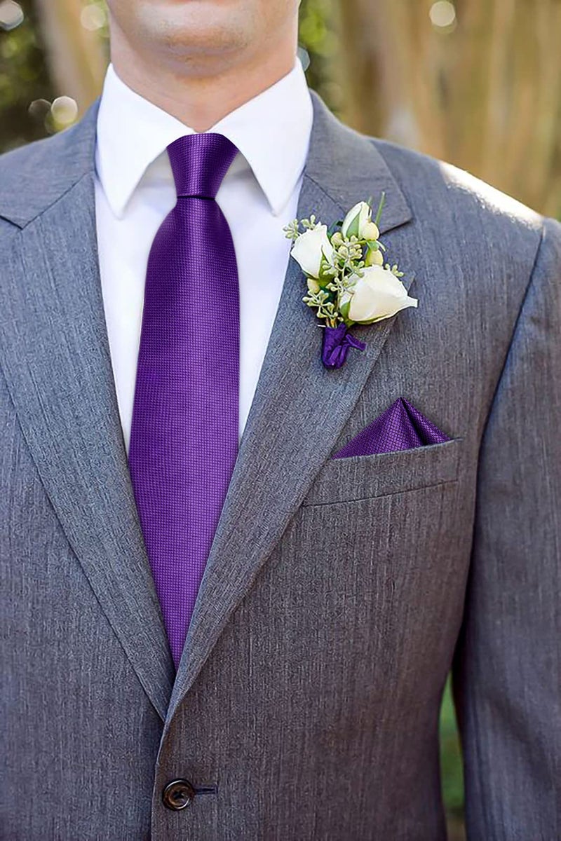 DiBanGu Mens Solid Color Tie and Pocket Square Set Woven Silk Plain Necktie & Handkerchief for Men Wedding Party Formal, Royal Purple - Image 4