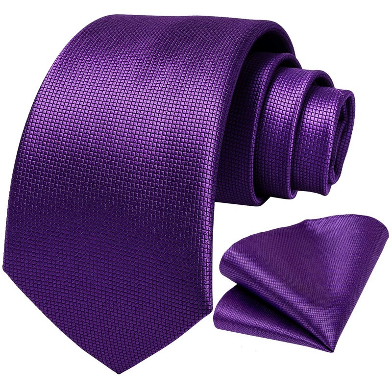 DiBanGu Mens Solid Color Tie and Pocket Square Set Woven Silk Plain Necktie & Handkerchief for Men Wedding Party Formal, Royal Purple - Image 2