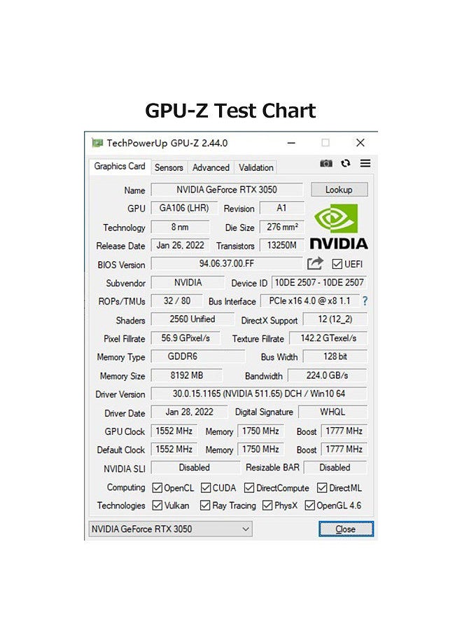 RTX3050-8G D6 GA Gaming Graphics Card 8G/128bit/GDDR6 Memory 2 Large Size Cooling Fans Metal Backplate DP*3+HD Ports