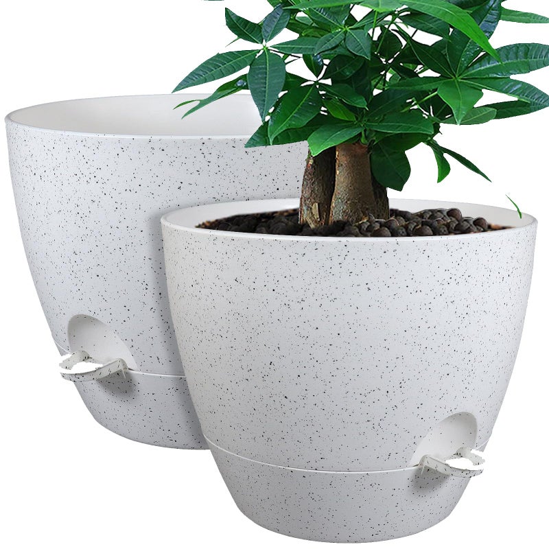 UOUZ 12inch 2Pack Large Self Watering Planters, Plastic Plant Pots with 60oZ Removable Deep Reservoir and Multi Mesh Drainage Holes for Indoor Outdoor Garden Plants and Flowers, White Speckles - Image 1