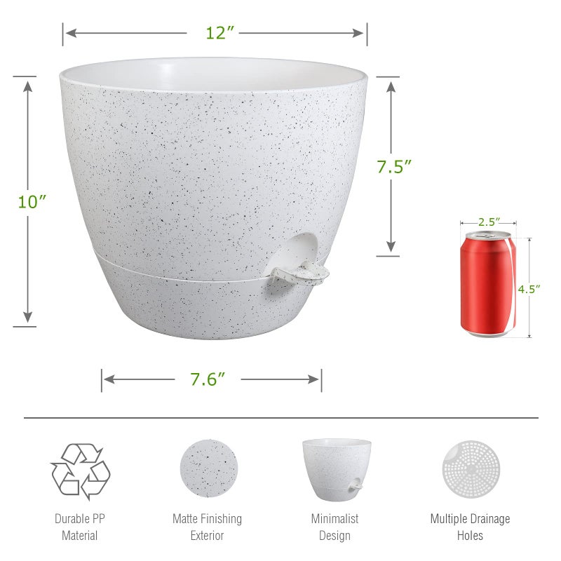 UOUZ 12inch 2Pack Large Self Watering Planters, Plastic Plant Pots with 60oZ Removable Deep Reservoir and Multi Mesh Drainage Holes for Indoor Outdoor Garden Plants and Flowers, White Speckles - Image 2