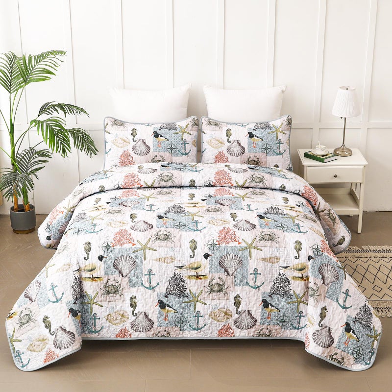 Ocean Quilt Set Bedspread Coverlet Queen Size 3 PieceSoft Lightweight Microfiber Summer Nautical Beach Coastal Bedding Set Thin Blanket Bed Cover for All Season 96x90 1 Quilt 2 Pillowcases