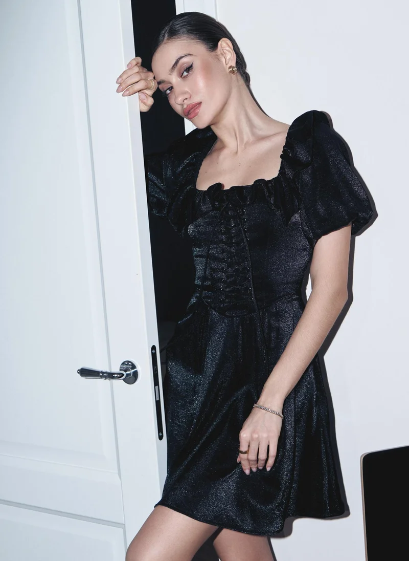 Lichi Shiny mini dress with lace-up waistline