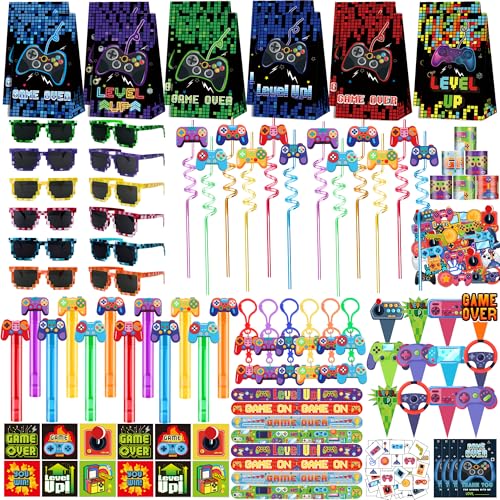PLOUGVI 320PCS Video Game Party Favors for KidsIncluding Goodie Bags Glasses Straws Bubble Wands Stickers Cake Toppers Tattoos MorePerfect for Theme Party Decorations Piata Fillers - Image 1