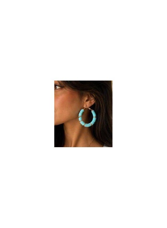 Boho Chic Turquoise Polymer Clay Disc Heishi Bead Large Hoop Earrings with Gold Accent - Image 2