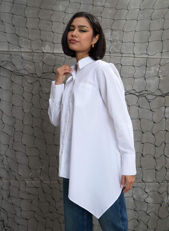 SASSAFRAS White Poplin Asymmetric Hem Buttoned Shirt - Image 4