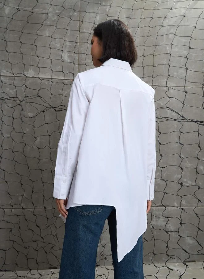 SASSAFRAS Sassafras White Poplin Asymmetric Hem Buttoned Shirt