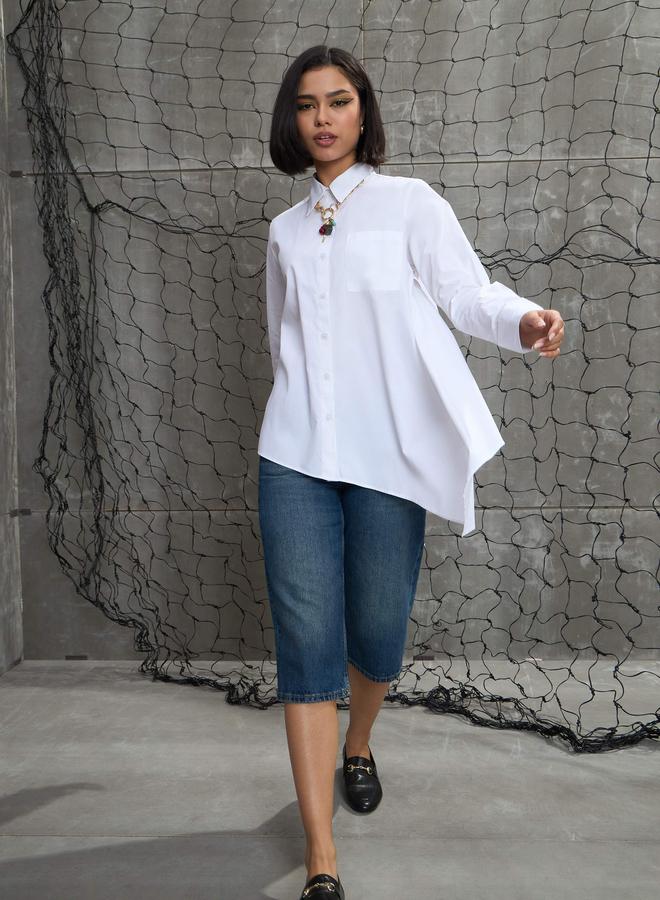 SASSAFRAS White Poplin Asymmetric Hem Buttoned Shirt - Image 3