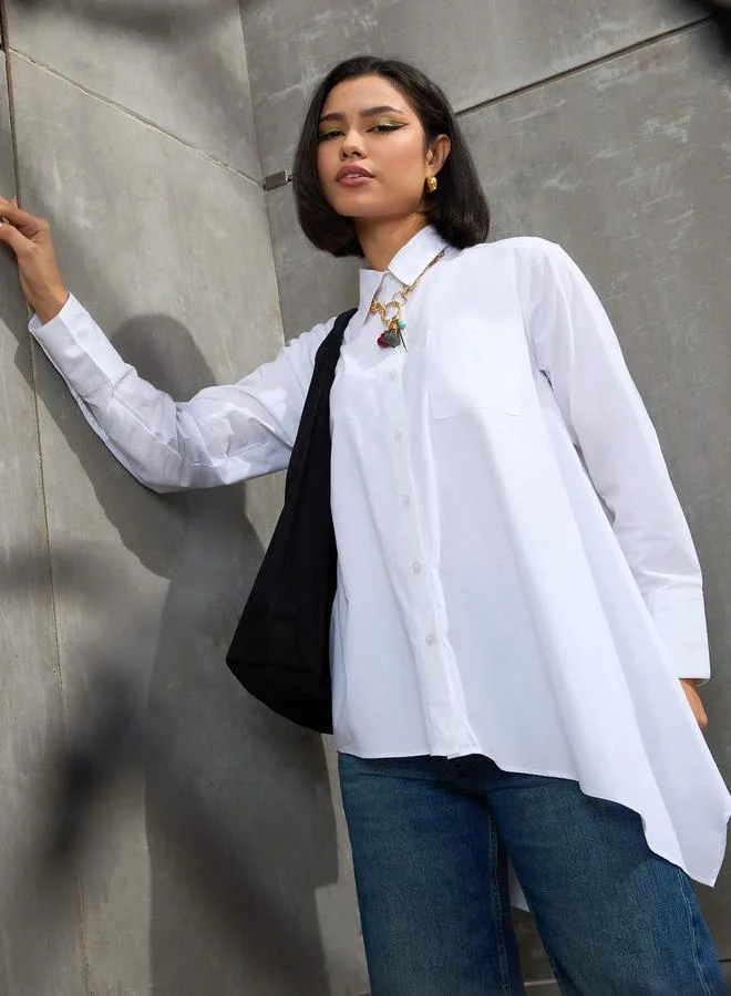 SASSAFRAS Sassafras White Poplin Asymmetric Hem Buttoned Shirt