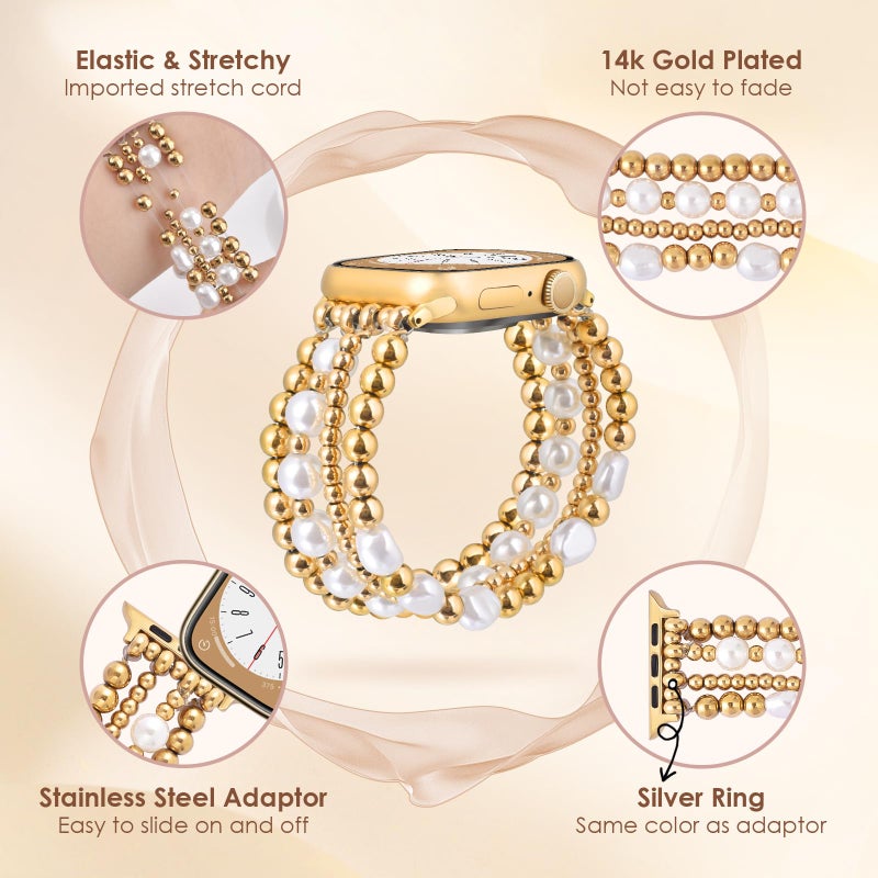 AIRSPO Gold Beaded Bracelets Compatible for Apple Watch Band 38mm 40mm 41mm 42mm 44mm 45mm Women, Fashion Handmade Dressy iPhone Watch Bands Elastic Strap for iWatch Series SE 8 7 6 5 4 3 2 1 (Gold, 42mm/44mm/45mm-S(5.3"-6.2")) - Image 5